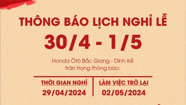 THÔNG BÁO LỊCH NGHỈ LỄ 30/04 - 1/5/2024